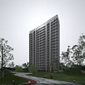 Modern High Rise Residential Building With Glass Windows Surrounded by Green Trees and Clear Sky