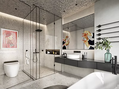 Modern Bathroom Design With Glass Shower Large Mirror White Toilet Vanity Bathtub And Green Plant 3d model