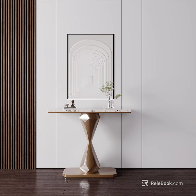 Stylish Console Table With Brass Twisted Base Marble Tabletop Greenery And Abstract Wall Art 3d model