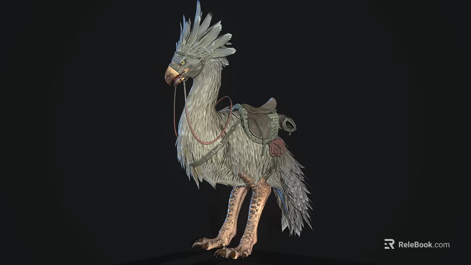 Crested Long Neck Fantasy Bird Mount With Fluffy Feathers Saddle And Decorative Gear 3d model 