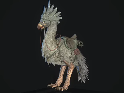 Crested Long Neck Fantasy Bird Mount With Fluffy Feathers Saddle And Decorative Gear 3d model