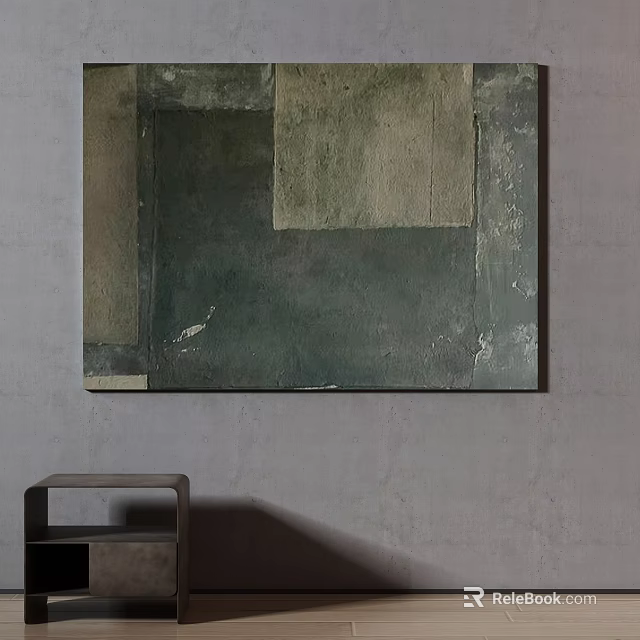 Abstract Green Gray Textured Painting On Wall With Wooden Shelf Decor 3d model 