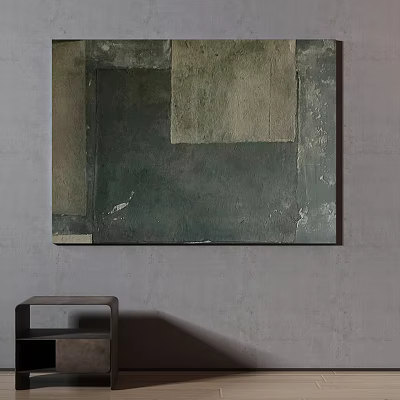 Abstract Green Gray Textured Painting On Wall With Wooden Shelf Decor 3d model