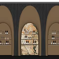 Elegant Golden Arched Wine Cabinet Featuring Marble Backdrop And Wine Bottles Glasses