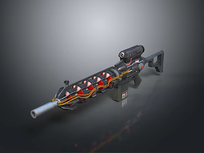 Futuristic Sci Fi Rifle With Multiple Circular Components Red Yellow Wiring Black Body And Scope 3d model