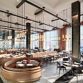 Elegant Modern Restaurant Interior With Hanging Chandeliers Large Windows Wooden Tables And Leather Chairs