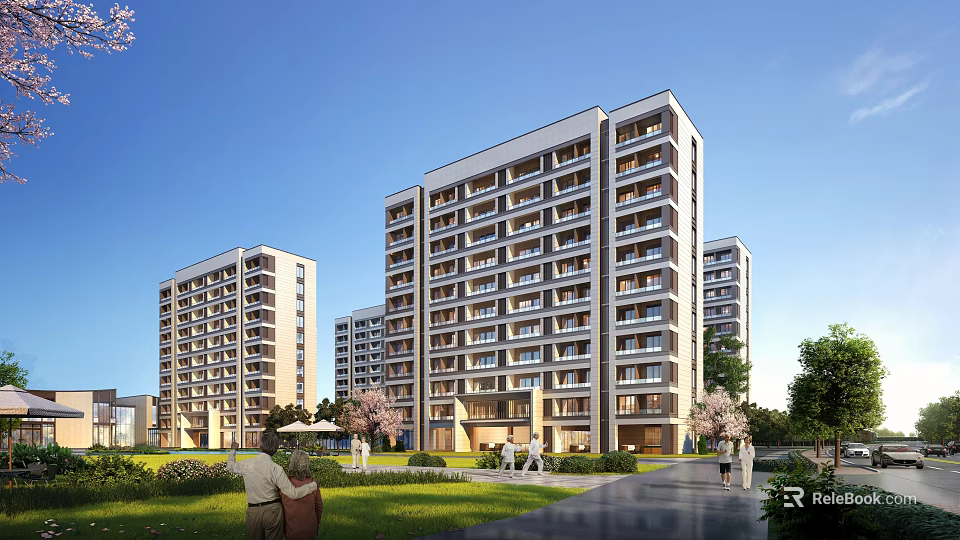 Modern Residential Building With Balconies Green Lawns Trees And Pedestrians Walking 3d model 