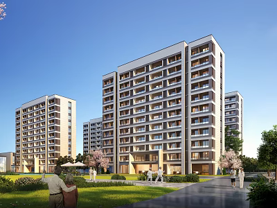 Modern Residential Building With Balconies Green Lawns Trees And Pedestrians Walking 3d model