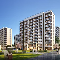 Modern Residential Building With Balconies Green Lawns Trees And Pedestrians Walking