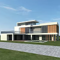 Modern Detached Villa With White Exterior Large Glass Windows Swimming Pool And Green Lawn
