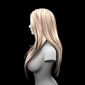Game Film Female Character with Long Blond Curly Hair Reaching Chest on Black Background