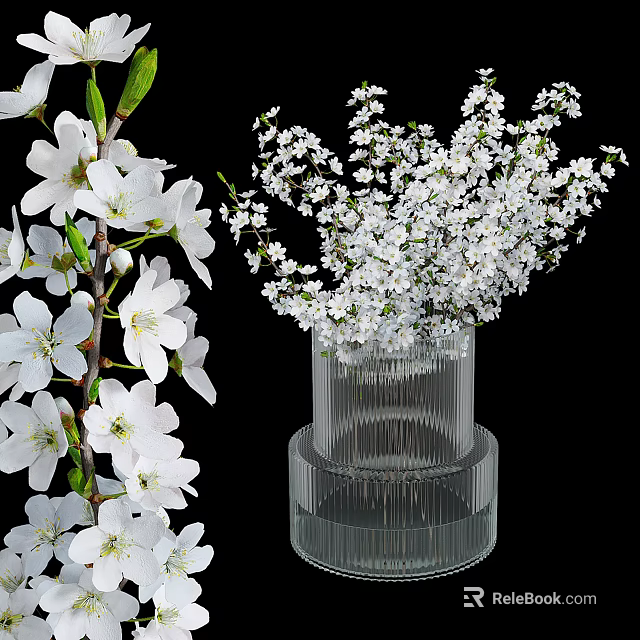 Beautiful White Cherry Blossoms Arranged in Ribbed Transparent Vase for Home Decoration 3d model 