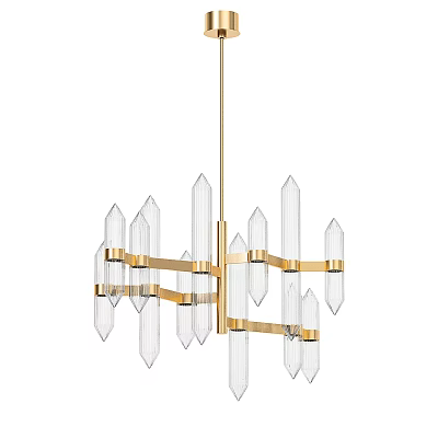 Modern Elegant Chandelier With Golden Metal Frame And Long Transparent Crystal Pendants 3d model