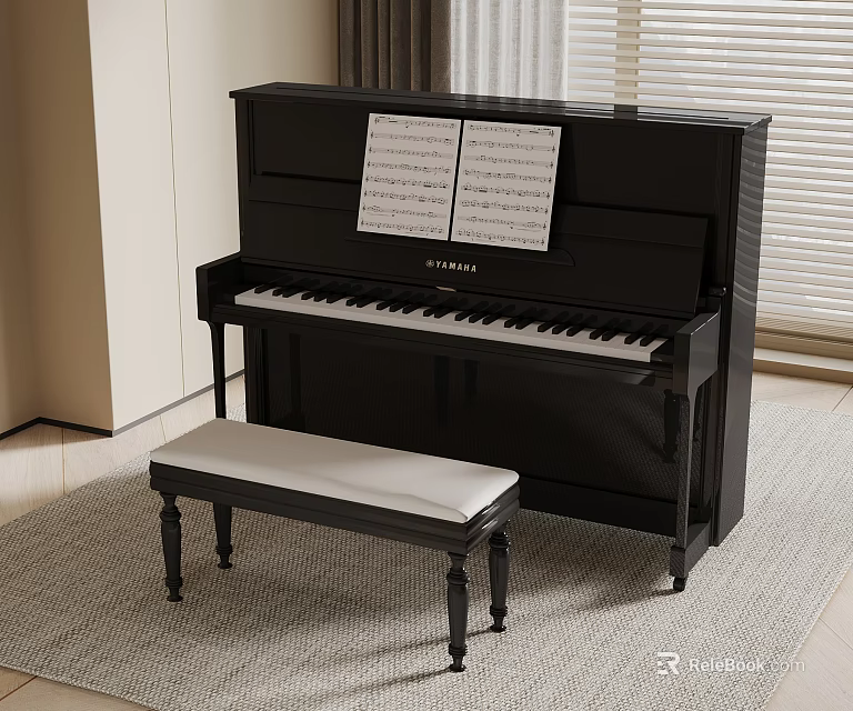 Black Upright Piano With Bench And Sheet Music In Bright Room Interior 3d model 