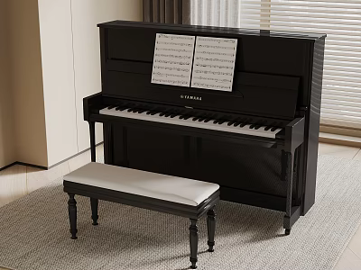 Black Upright Piano With Bench And Sheet Music In Bright Room Interior 3d model