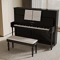 Black Upright Piano With Bench And Sheet Music In Bright Room Interior