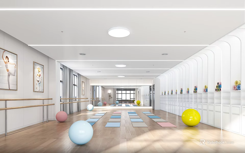 School Interior With Exercise Balls Yoga Mats And Ballet Bars 3d model