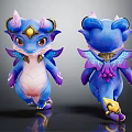 Cute Blue Mythical Dragon Character With Purple Wings Horns And Golden Accents