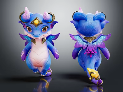 Cute Blue Mythical Dragon Character With Purple Wings Horns And Golden Accents 3d model