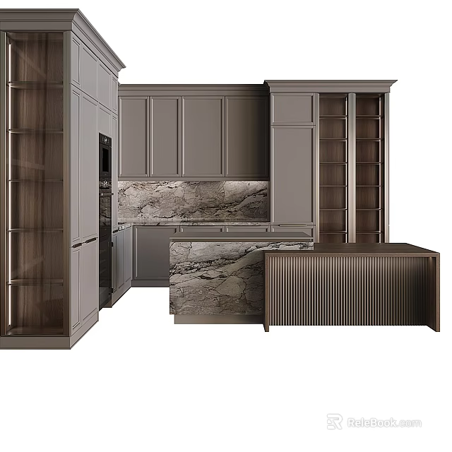 Modern Kitchen Interior Design Featuring Gray Cabinets Marble Countertop And Island 3d model 
