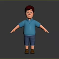 3D Cartoon Boy Model Wearing Blue Polo Shirt Blue Shorts Brown Shoes On Gray Background