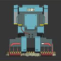 Cartoon Style Blue Cleaning Vehicle With Red Wheels And Yellow Warning Stripes