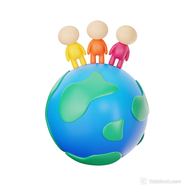 Cute Decorative Ornament Combination With Blue Globe And Three Colorful Small Figures 3d model 