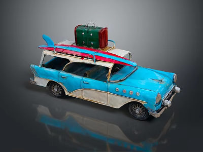 Vintage Blue Station Wagon with Surfboard and Green Suitcase on Roof 3d model