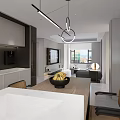 Modern Living Dining Area With TV Wall Shelves Marble Floor And Coffee Table Decorations