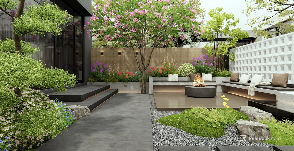 Stunning Courtyard Garden With Flowering Tree Green Plants Outdoor Seating And Fire Pit 3d model 