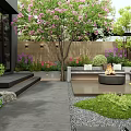 Stunning Courtyard Garden With Flowering Tree Green Plants Outdoor Seating And Fire Pit
