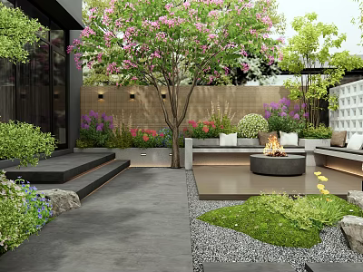 Stunning Courtyard Garden With Flowering Tree Green Plants Outdoor Seating And Fire Pit 3d model