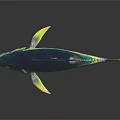 Blue and Yellow Striped Tuna Fish 3D Rendered on Dark Background with Reflection 3d model
