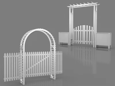 White Garden Entry Gates With Arch Top Picket Fence And Planter Boxes 3d model