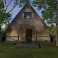 A Frame Cottage With Metal Roof Large Glass Windows Wooden Door Deck And Grassland View