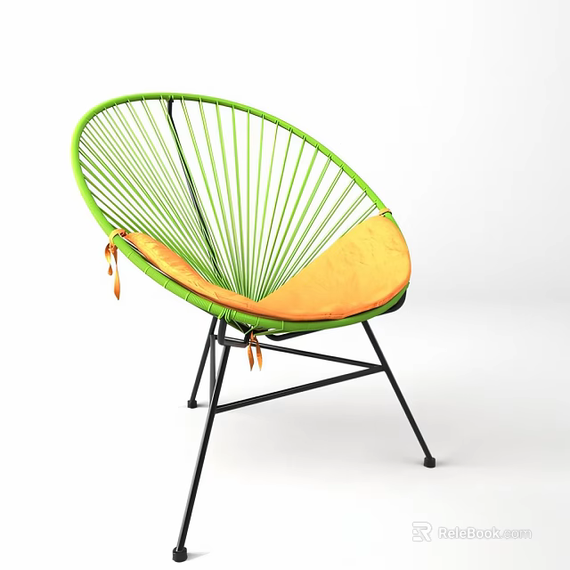 Leisure Chair With Woven Green Frame Orange Cushion And Black Metal Stand 3d model 