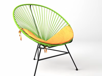 Leisure Chair With Woven Green Frame Orange Cushion And Black Metal Stand 3d model