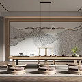 Serene Traditional Chinese Tea Room Interior With Wooden Table Cushioned Seats And Wall Art