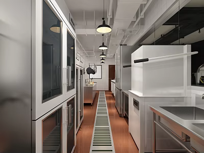 Commercial Restaurant Kitchen With Stainless Steel Equipment Long Aisle Layout Hanging Lights And Worktables 3d model