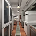 Commercial Restaurant Kitchen With Stainless Steel Equipment Long Aisle Layout Hanging Lights And Worktables