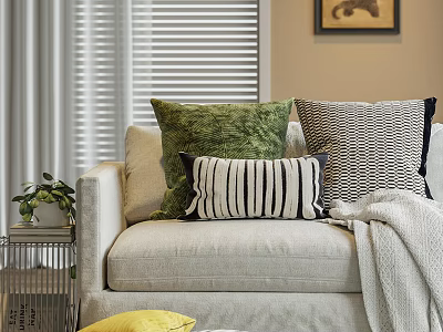 Modern Living Room Sofa With Green And Black White Striped Geometric Throw Pillows 3d model