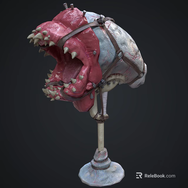Fierce Monster Head Model With Sharp Fangs Red Gray Skin And Leather Straps 3d model 