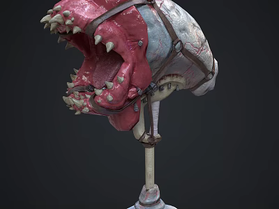 Fierce Monster Head Model With Sharp Fangs Red Gray Skin And Leather Straps 3d model