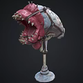 Fierce Monster Head Model With Sharp Fangs Red Gray Skin And Leather Straps