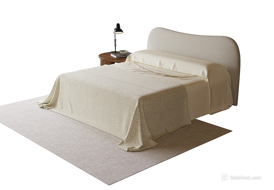 Modern Kids Bed With Fabric Headboard And Bedside Table Lamp On Soft Area Rug 3d model 