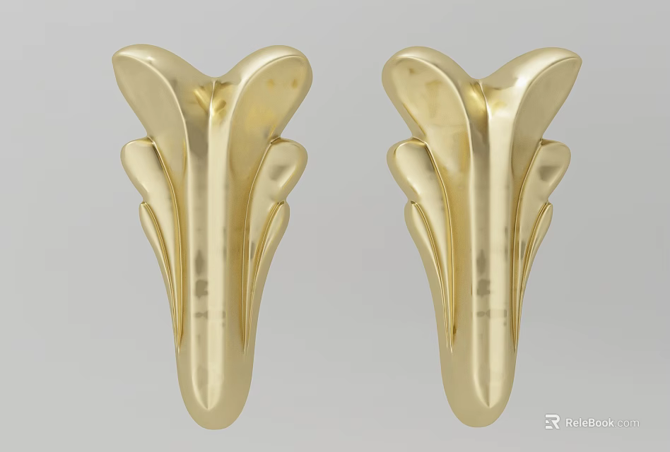Golden Carved Pair of Symmetrical Decorative Furniture Ornament Pieces 3d model 