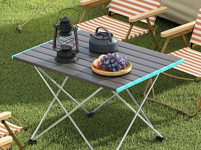 Foldable Outdoor Table with Striped Chairs Lantern Teapot and Grapes on Grass 3d model