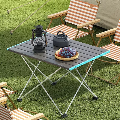 Foldable Outdoor Table with Striped Chairs Lantern Teapot and Grapes on Grass 3d model