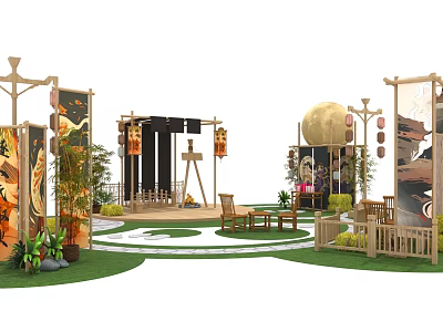 Traditional Chinese Courtyard Scene With Lanterns Moon Wooden Screens And Green Plants 3d model