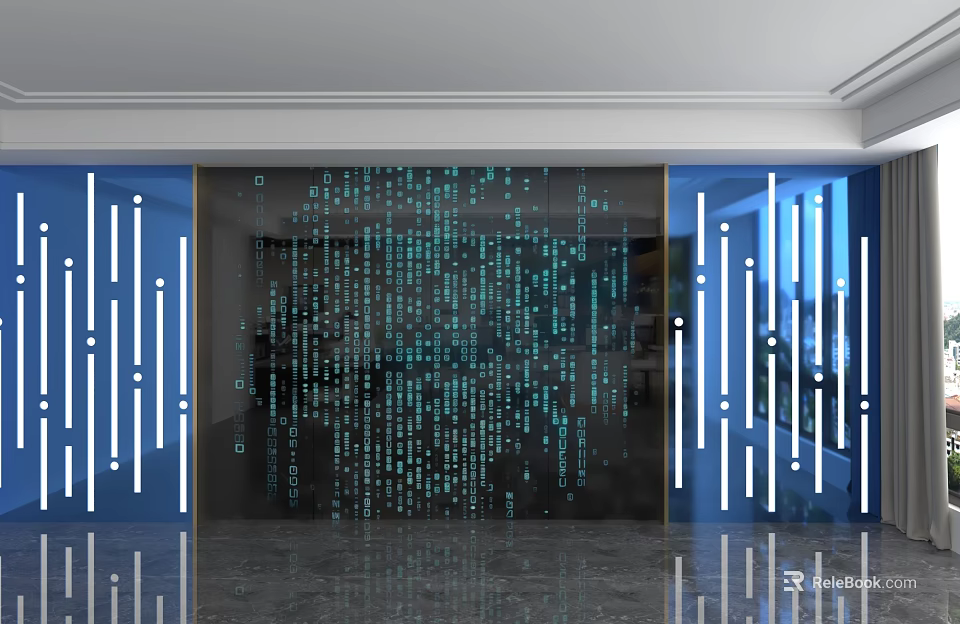 Modern Background Wall With Digital Code Pattern Blue Light And Vertical Strips 3d model 